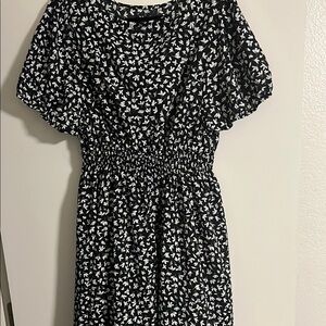 Black and White Polka Dot Midi Dress with Puff Sleeves